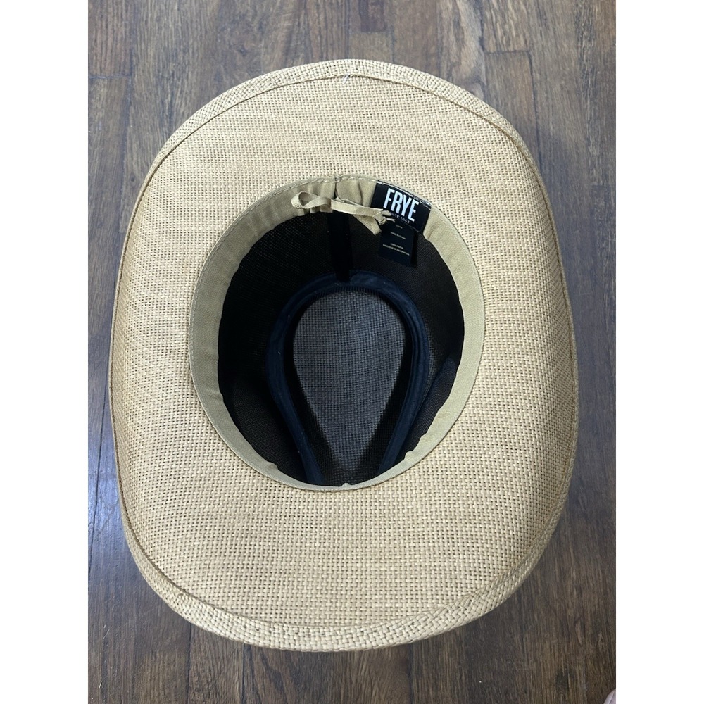 Frye straw cowboy hat features a distinct black leather band Metal Buckle New - Picture 8 of 8